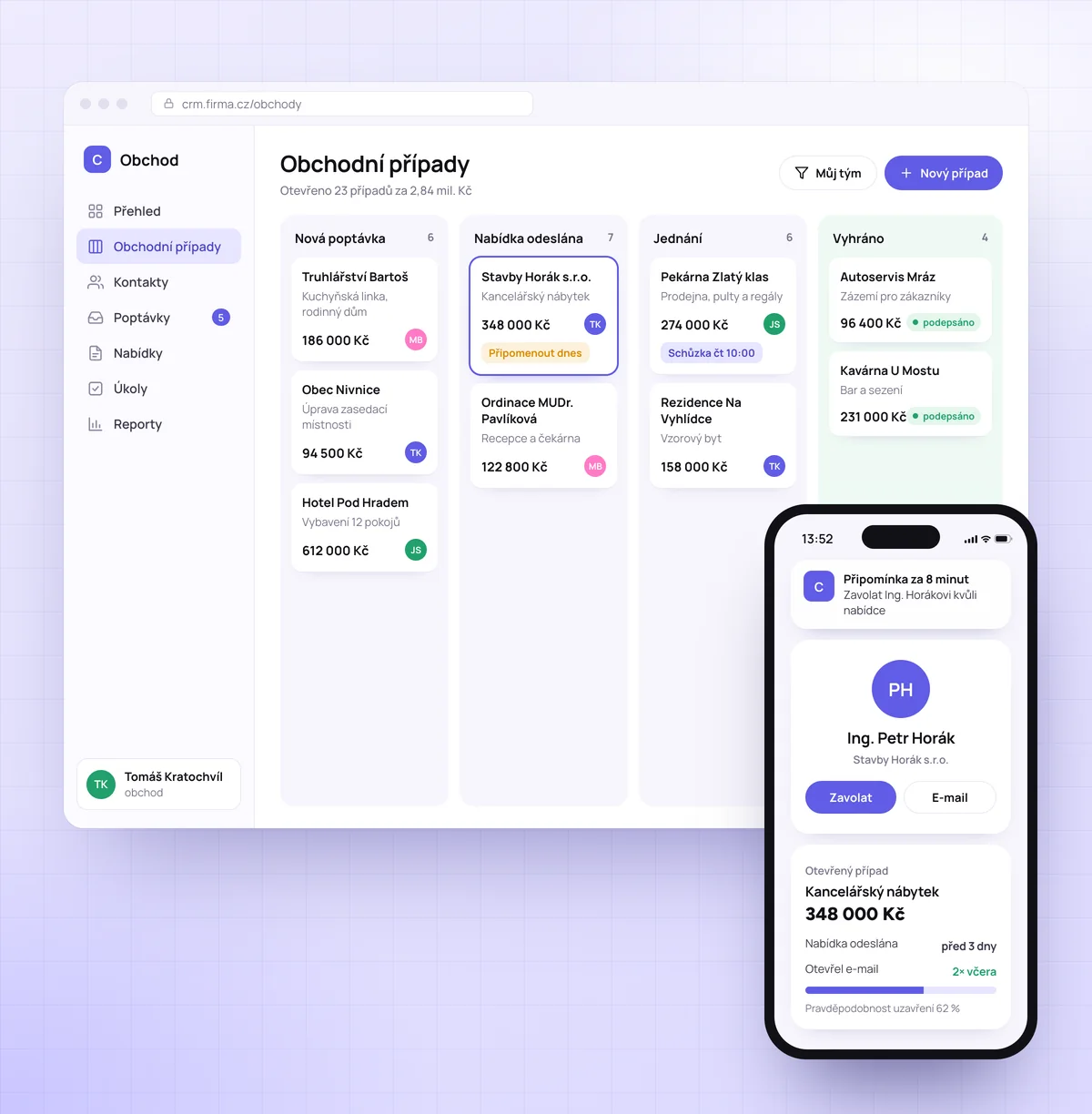 Ukázka CRM systému na míru: obchodní případy v počítači a připomínka v mobilu